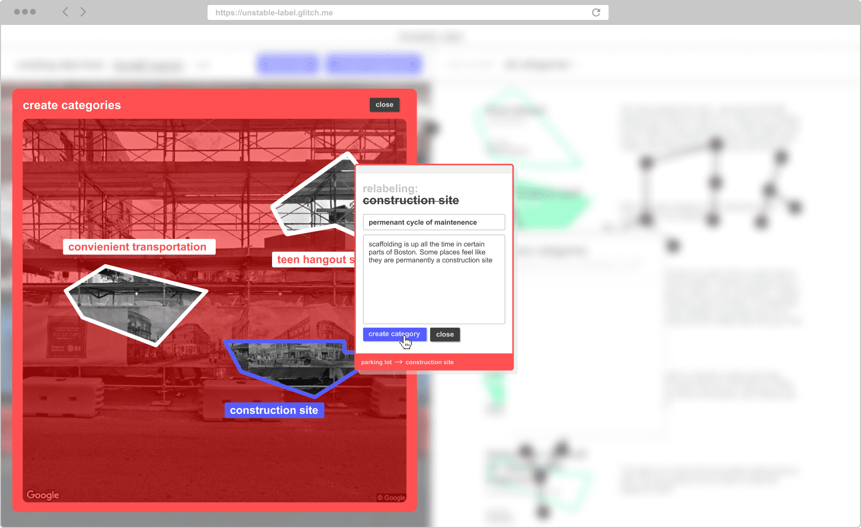 Showing the creating categories panel after it has been opened